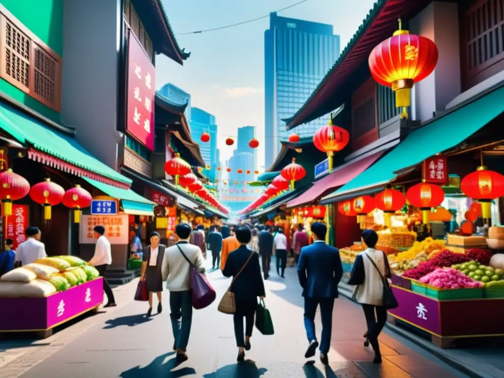 Un bullicioso mercado en una ciudad asiática con carteles coloridos y arquitectura tradicional y moderna