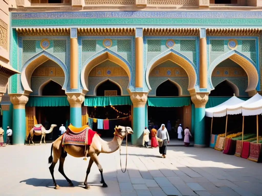 Un bullicioso mercado en una ciudad histórica de la Ruta de la Seda, con comerciantes regateando textiles y especias mientras los camellos pasan bajo arcos ornamentados