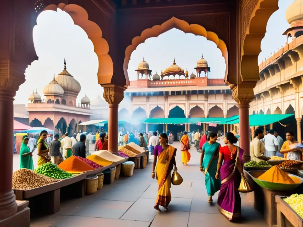 Un bullicioso mercado colonial en la India, con mujeres en saris coloridos regateando y hombres en atuendos tradicionales