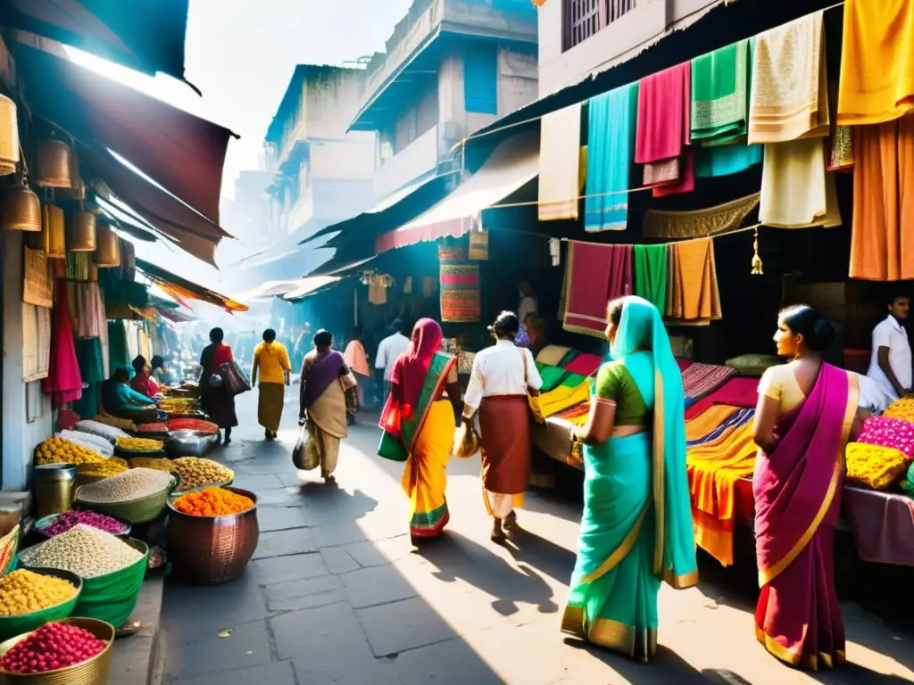 Un bullicioso mercado en Mumbai, con saris coloridos y lugareños realizando sus actividades diarias