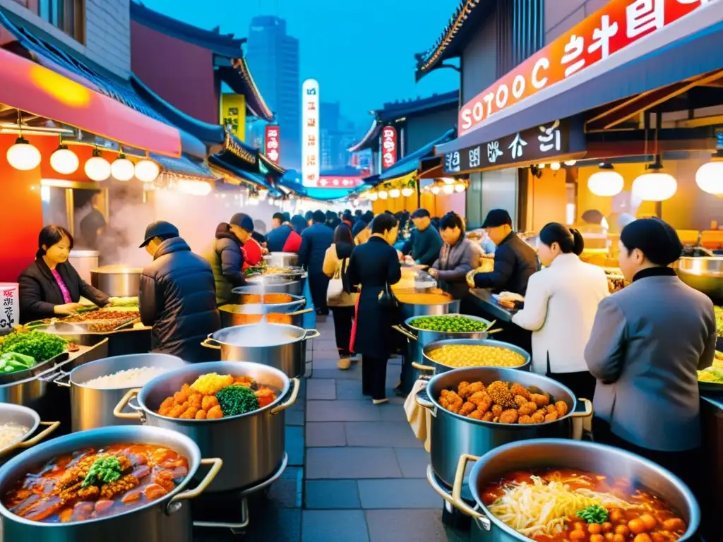 Un bullicioso mercado de comida callejera en Seúl, Corea del Sur, con vendedores vendiendo una variedad de platos de topokki en ollas humeantes