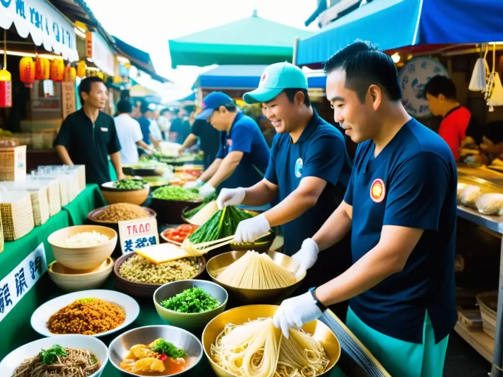 Un bullicioso mercado de comida en Okinawa, con puestos vibrantes ofreciendo una colorida variedad de delicias locales