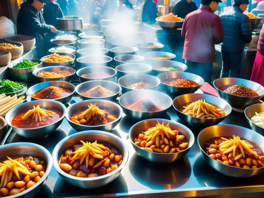 Un bullicioso mercado coreano vendiendo vibrante tteokbokki en cuencos metálicos tradicionales, con vapor creando un efecto atmosférico