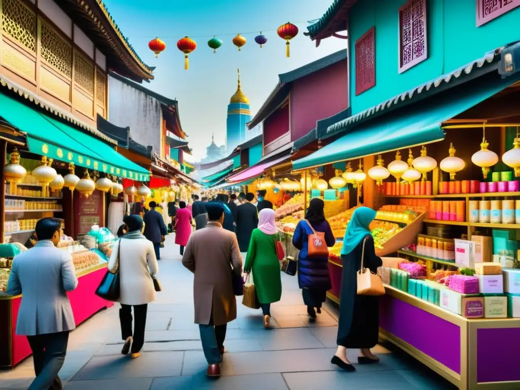 Mercado de cosméticos halal: tradición y color Un bullicioso mercado de cosmética halal asiática, con puestos coloridos y clientes explorando productos de belleza tradicionales y innovadores