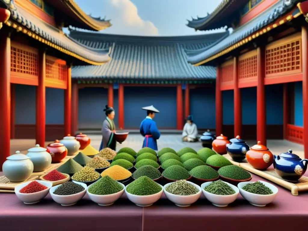 Un bullicioso mercado de la dinastía Ming con comerciantes vendiendo una colorida variedad de hojas de té y delicadas piezas de porcelana, ambientado en un telón de fondo de arquitectura tradicional ornamentada y multitudes bulliciosas, capturando el vibrante comercio y la comercialización de