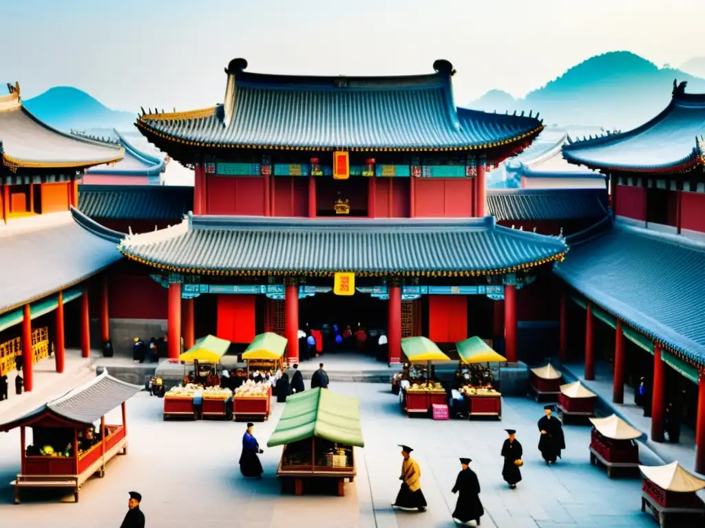 Mercado bullicioso en la ciudad de la dinastía Qing En un bullicioso mercado de la dinastía Qing, los comerciantes venden sus productos mientras los clientes regatean
