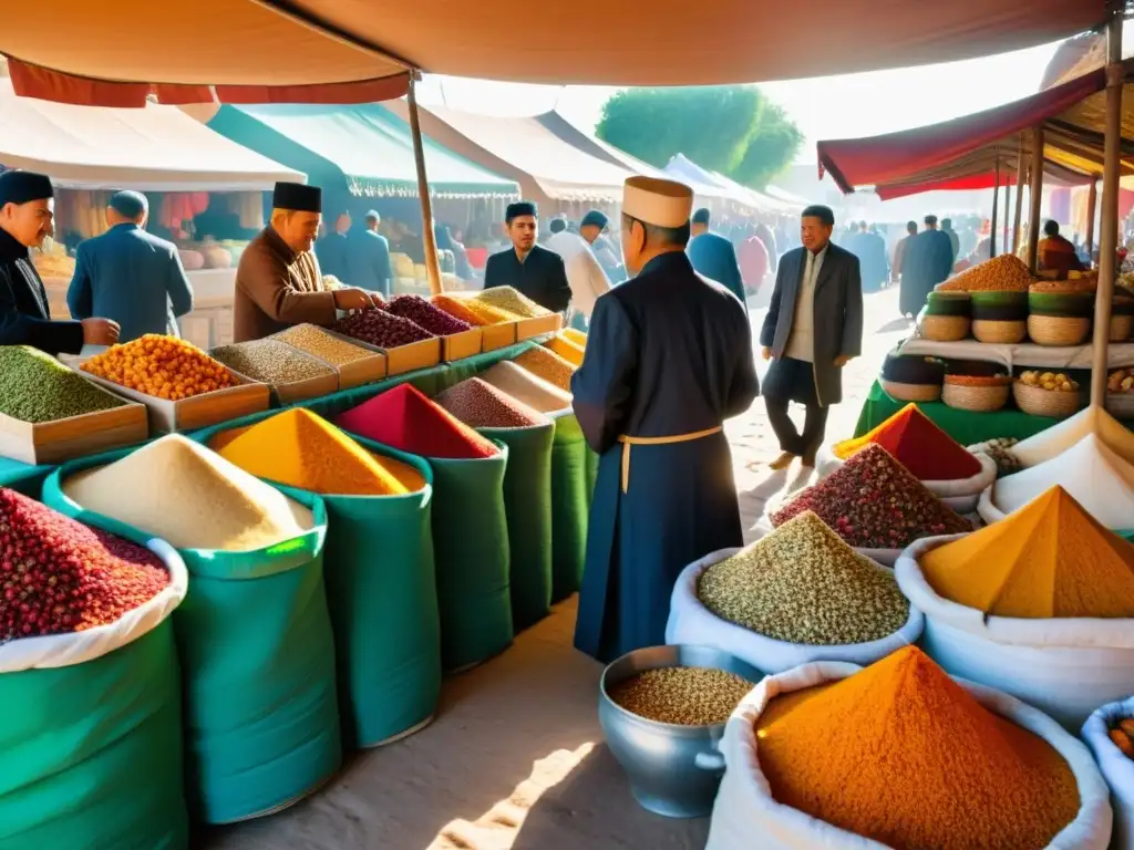 Un bullicioso mercado de Uzbekistán, con especias, frutas secas y tés en puestos tradicionales de la Ruta de la Seda