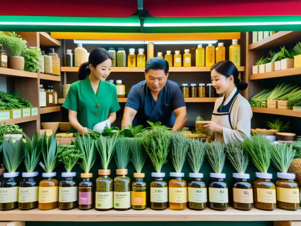 Un bullicioso mercado de hierbas medicinales coreanas, con clientes y vendedores examinando ingredientes naturales