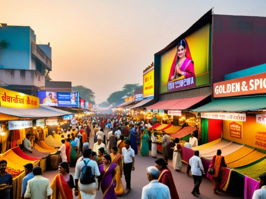 Un bullicioso mercado indio al atardecer, con personas de diversas culturas y colores de saris