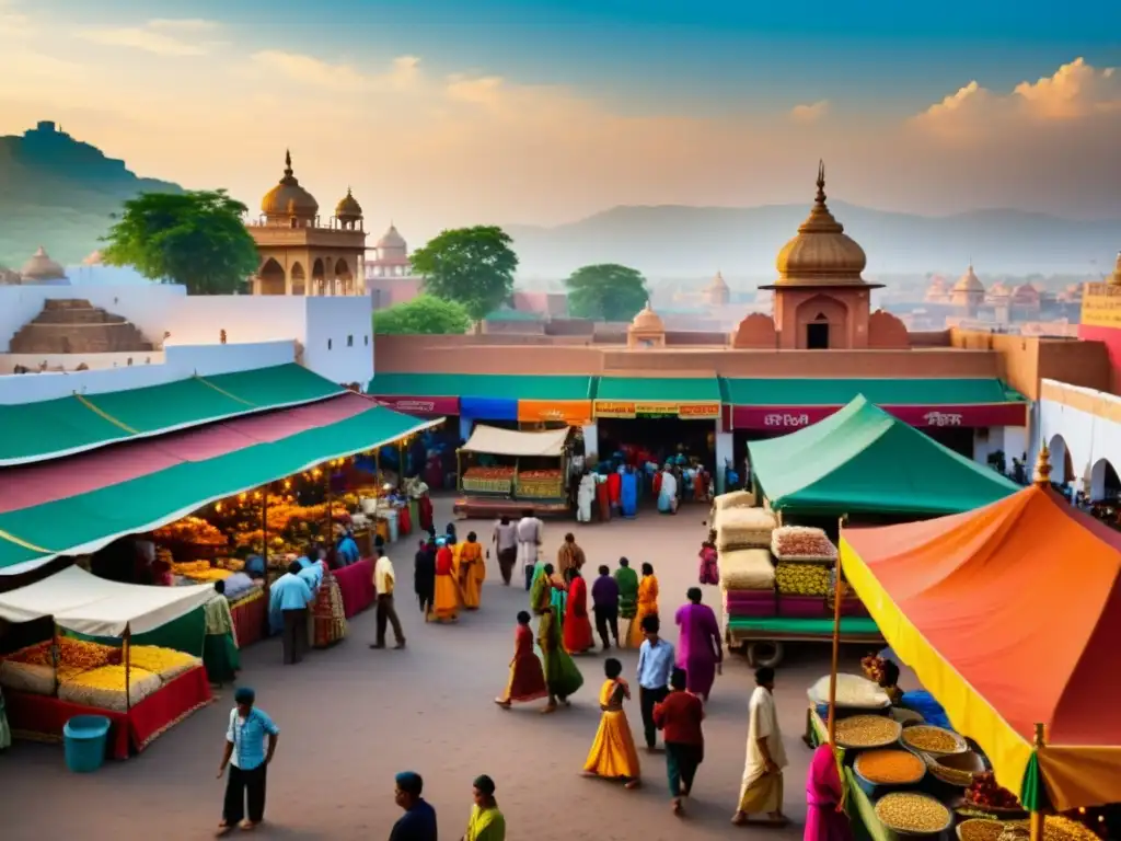 Un bullicioso mercado indio con colores vibrantes, gente diversa y arquitectura tradicional, evocando el significado del dios pequeñas cosas