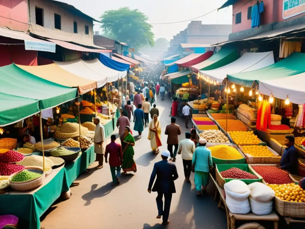 Un bullicioso mercado indio con colores vibrantes, gente diversa y elementos tradicionales y modernos