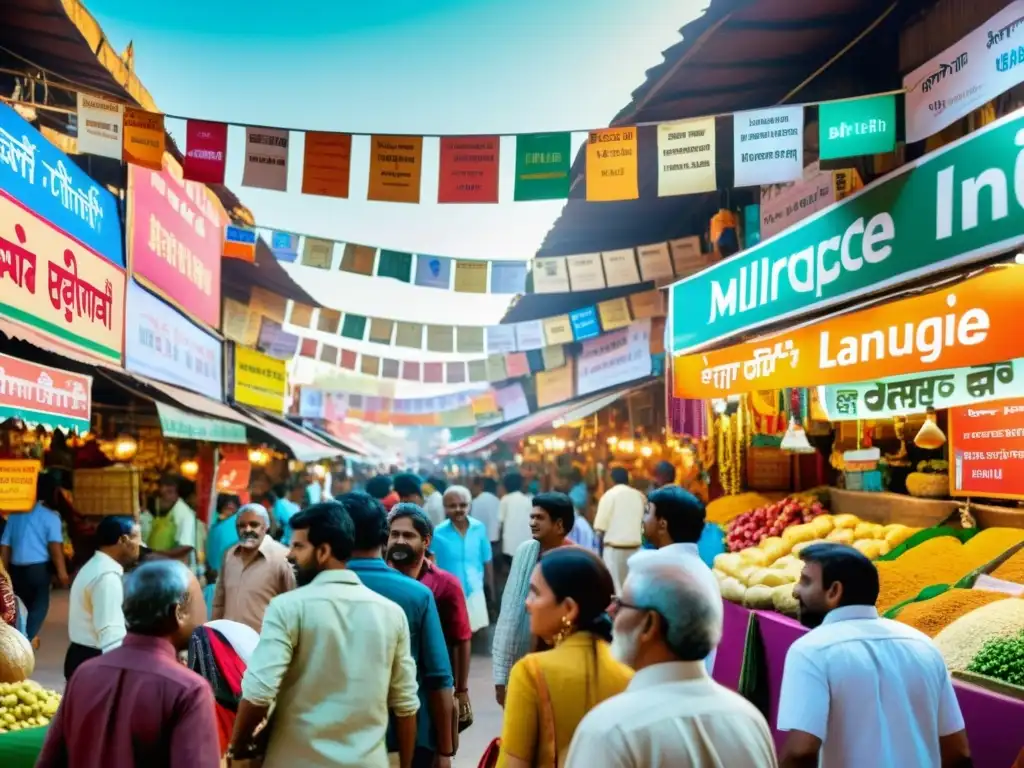 Un bullicioso mercado indio con letreros coloridos en múltiples idiomas, reflejando la importancia del multilingüismo en India