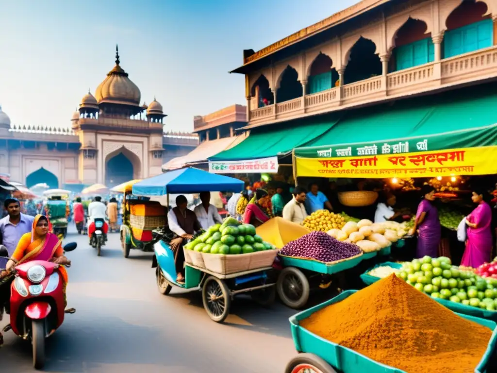 Un bullicioso mercado indio, lleno de colores vibrantes y gente diversa