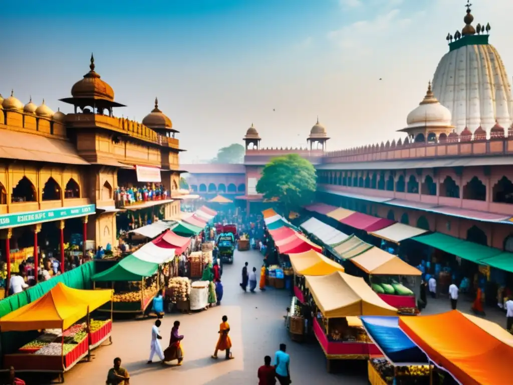 Un bullicioso mercado indio, lleno de colores vibrantes y arquitectura tradicional y moderna