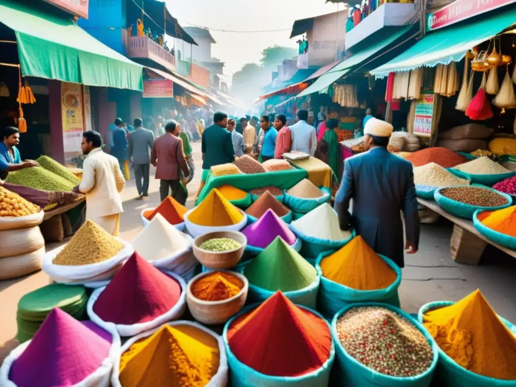 Un bullicioso mercado indio lleno de textiles y especias, reflejando la esencia vibrante y diversa de la cultura india