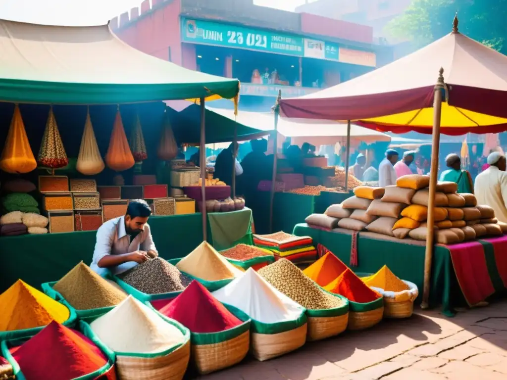 Un bullicioso mercado indio con puestos de especias, telas y productos