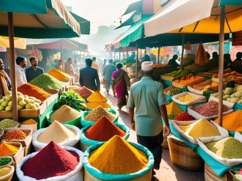 Un bullicioso mercado indio rebosante de especias, frutas y verduras coloridas