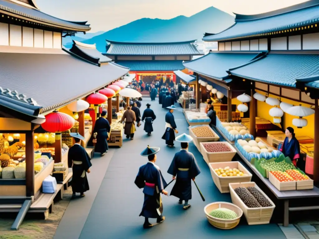 Un bullicioso mercado japonés tradicional con vendedores y samuráis observando el comercio extranjero, reflejando la influencia en la cultura samurái