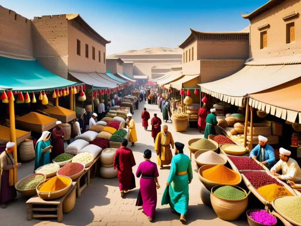 Un bullicioso mercado a lo largo de la antigua Ruta de la Seda, con comerciantes de diversas culturas intercambiando bienes