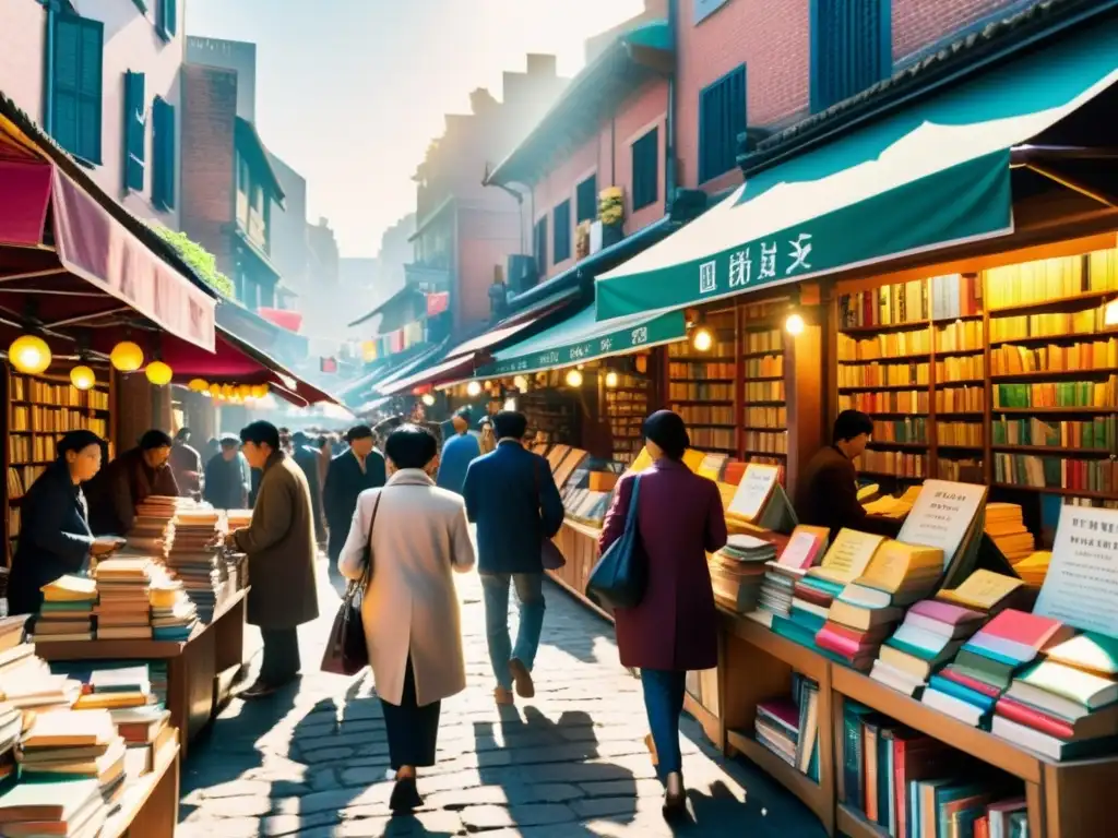 Un bullicioso mercado de libros en una vibrante ciudad asiática, con coloridos libros apilados y lectores entusiastas