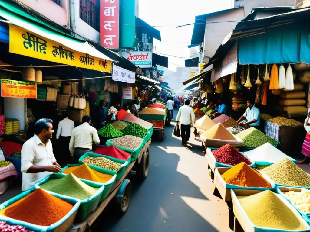 Un bullicioso mercado en Mumbai, India, lleno de colores y vida, reflejando la atmósfera vibrante de un mercado indio