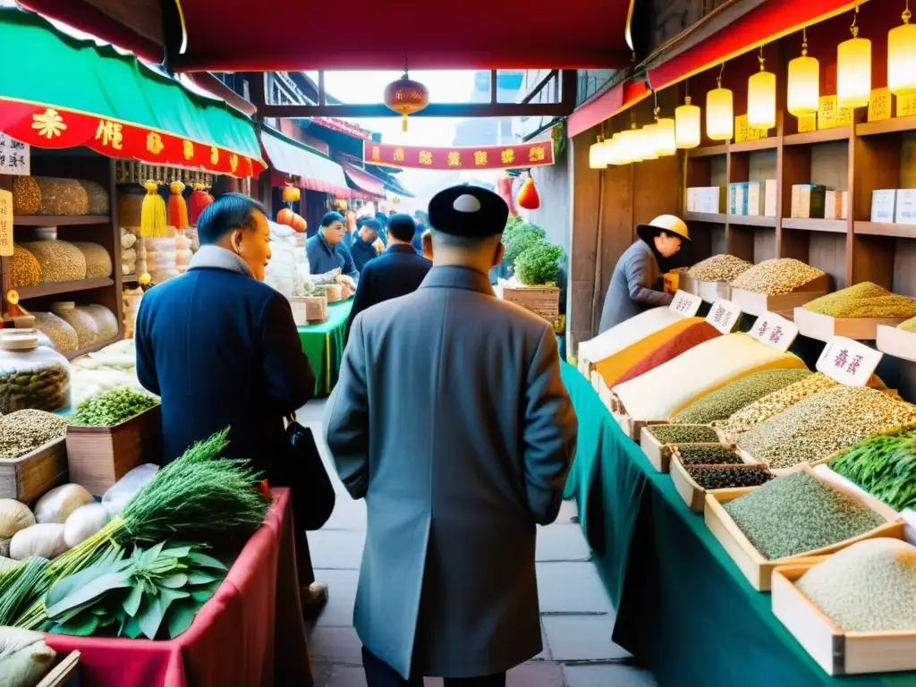 Un bullicioso mercado de medicina tradicional china en Beijing, con vendedores ofreciendo hierbas, raíces y otros ingredientes medicinales