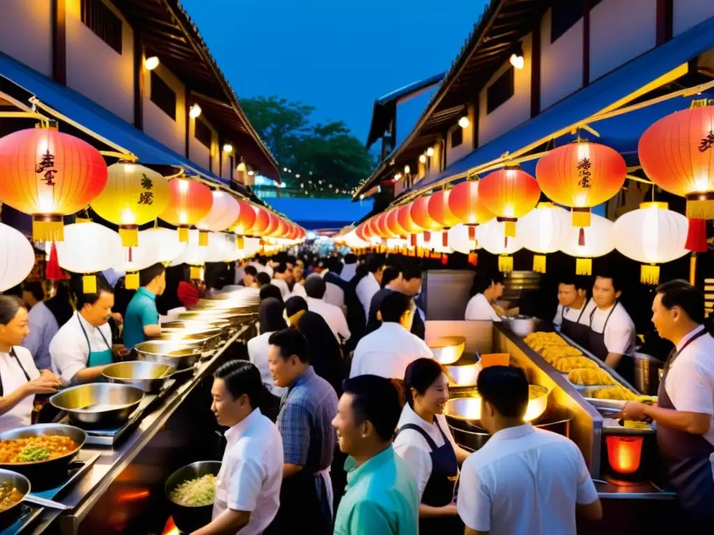 Un bullicioso mercado nocturno asiático lleno de puestos de comida callejera y chefs expertos preparando delicias culinarias