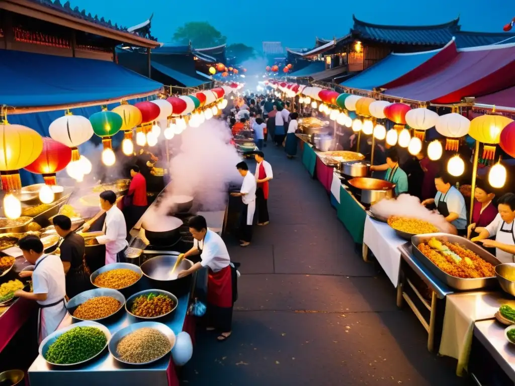 Un bullicioso mercado nocturno asiático iluminado por faroles coloridos, con chefs preparando platos y clientes ansiosos