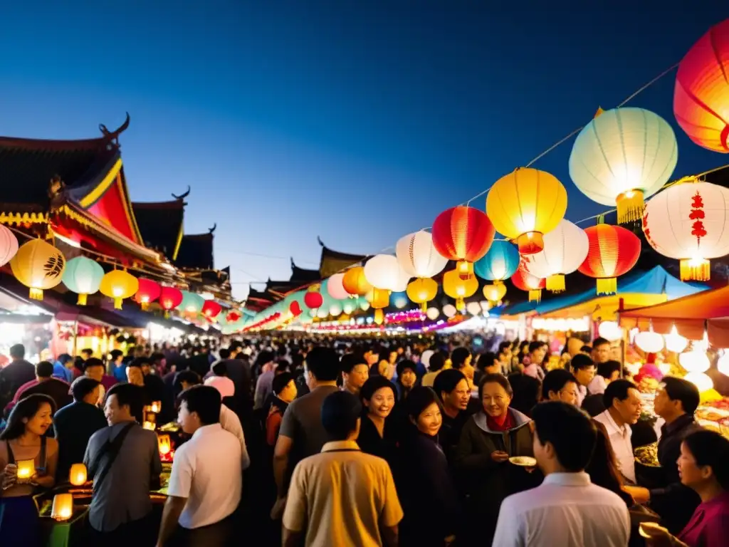 Un bullicioso mercado nocturno con coloridas linternas de papel, creando una atmósfera vibrante y cálida en el Festival de las Linternas asiáticas