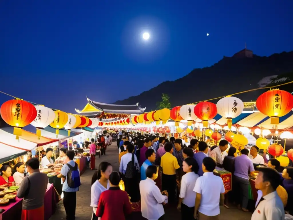 Un bullicioso mercado nocturno lleno de coloridas linternas, actuaciones tradicionales y deliciosos puestos de comida en el Festival de la Luna