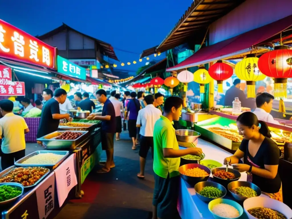 Un bullicioso mercado nocturno en Asia, con puestos coloridos y comida callejera