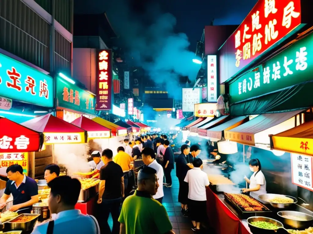 En el bullicioso mercado nocturno de Taipei, brillan los letreros de neón mientras los chefs preparan delicias callejeras taiwanesas