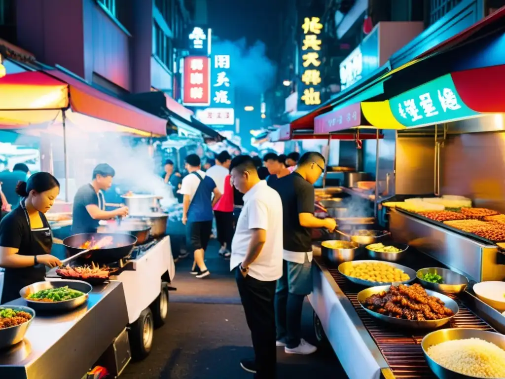 Un bullicioso mercado nocturno en Taipei, Taiwán, repleto de puestos de comida coloridos y el vibrante resplandor de letreros de neón