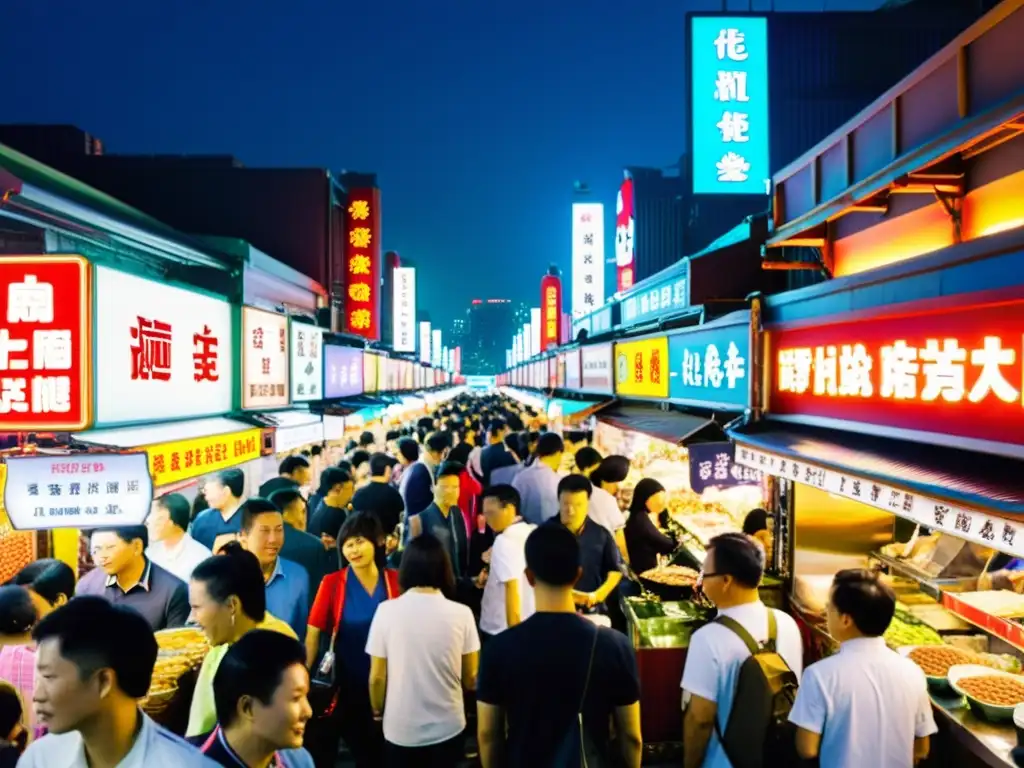 Un bullicioso mercado nocturno en Taipei, Taiwán, con letreros de neón vibrantes iluminando las concurridas calles