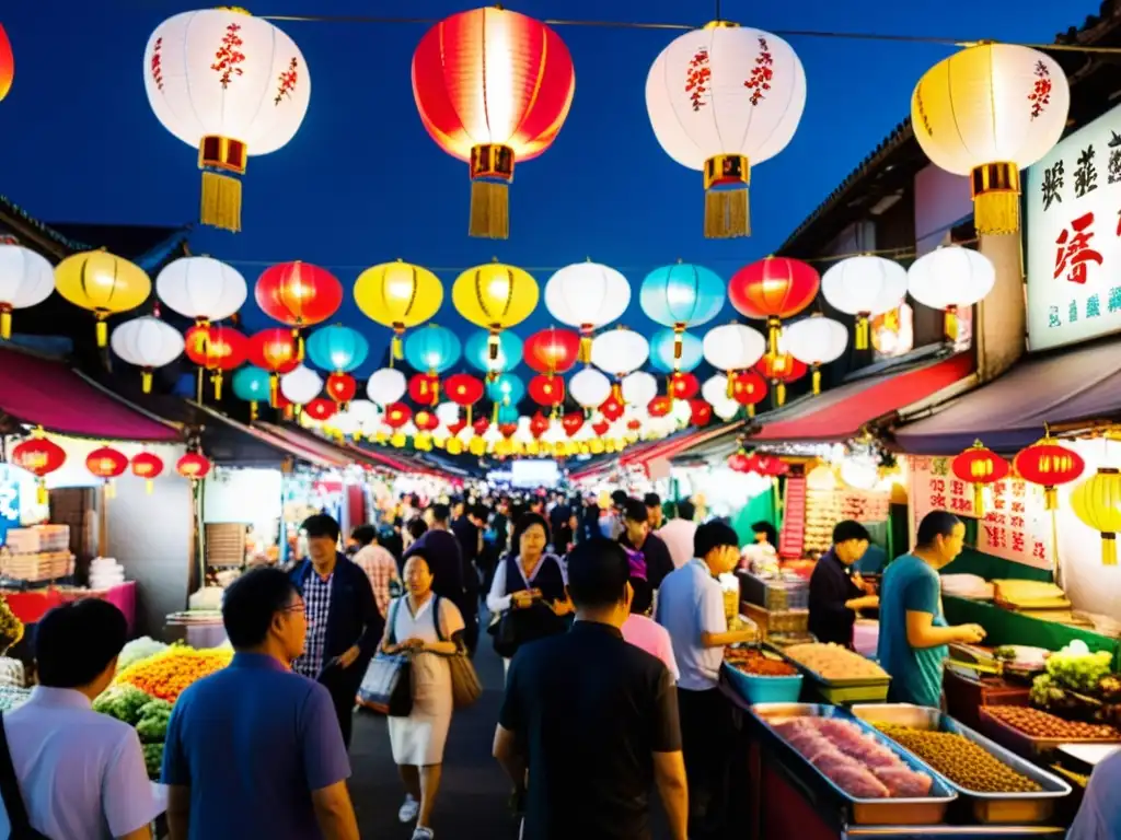 Un bullicioso mercado nocturno en Taiwán, con puestos de comida callejera, textiles vibrantes y artesanías