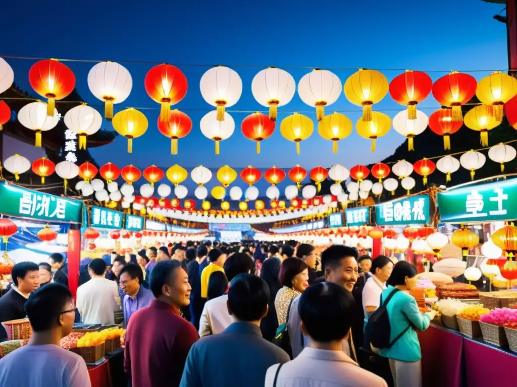 En el bullicioso mercado nocturno de Taiwán, las vibrantes linternas, puestos de comida tradicional y multitudes crean una atmósfera festiva