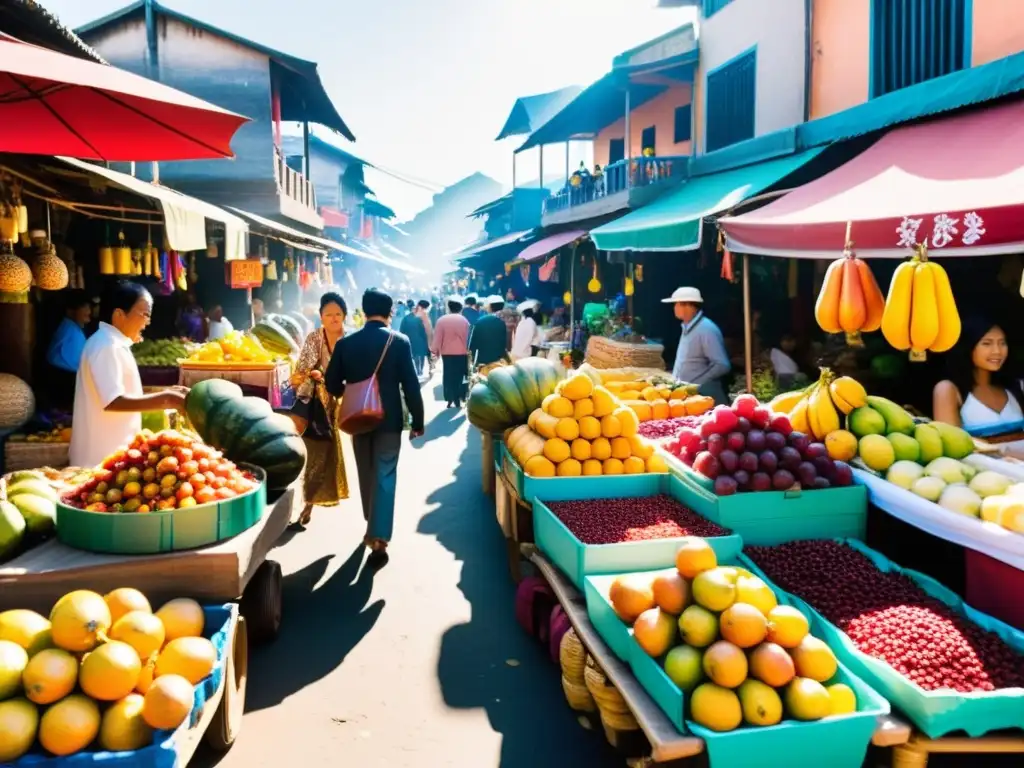 Un bullicioso mercado en Asia rebosante de vida y color, reflejando la energía y diversidad de la región