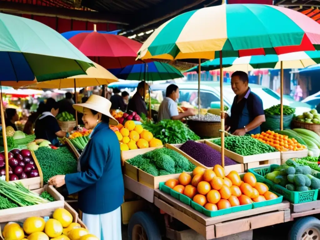 Un bullicioso mercado tradicional asiático, lleno de coloridas exhibiciones de frutas, verduras y hierbas medicinales