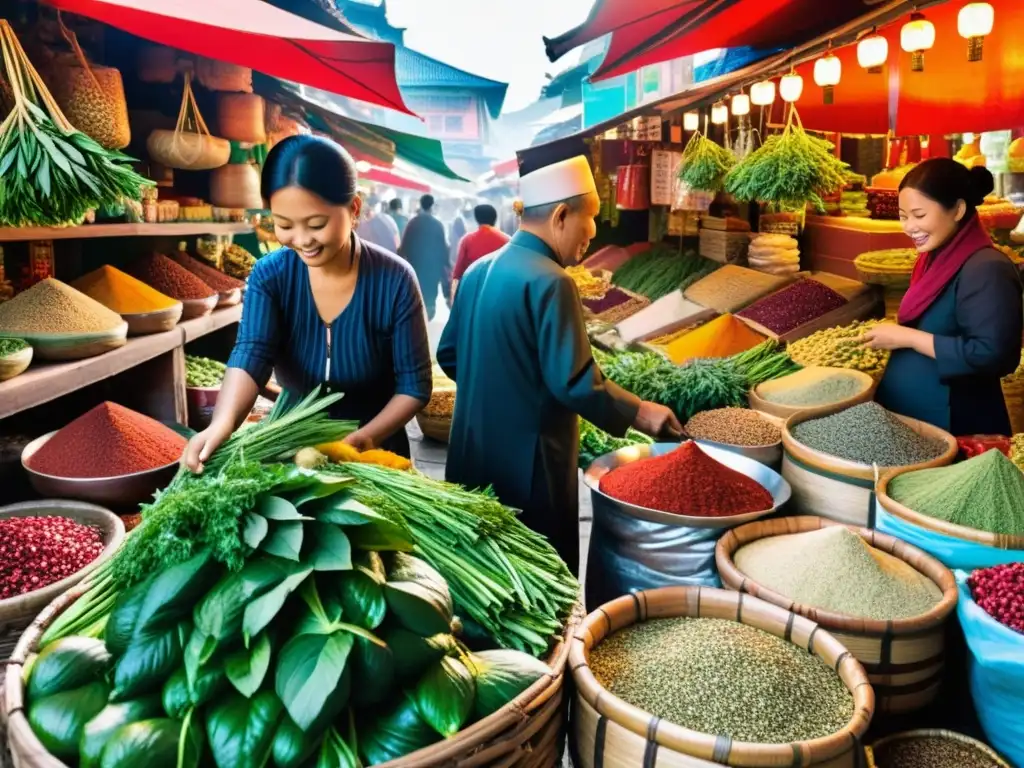 Un bullicioso mercado tradicional asiático rebosante de vendedores de hierbas, especias y medicinas tradicionales