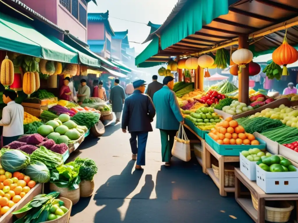 Un bullicioso mercado tradicional asiático, repleto de colores vibrantes, vendedores y productos frescos