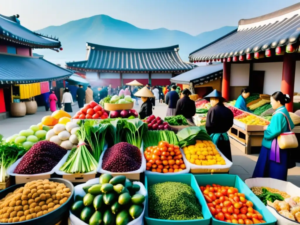 Un bullicioso mercado tradicional coreano rebosante de colores y aromas