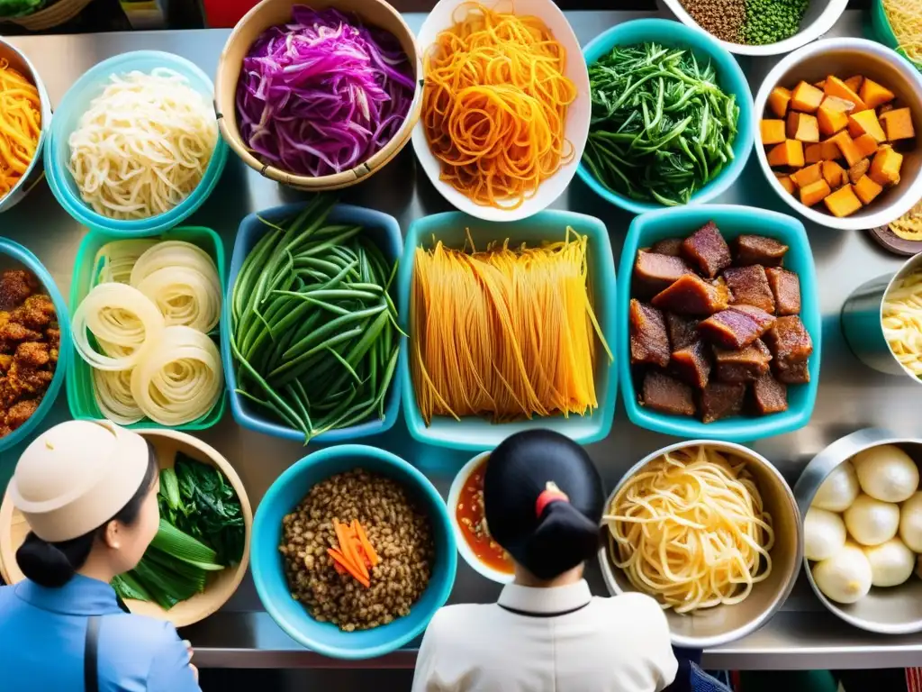 Un bullicioso mercado tradicional coreano con ingredientes coloridos para la receta tradicional japchae cristal coreano