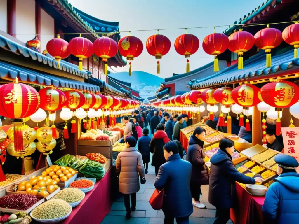 Un bullicioso mercado tradicional en Corea del Sur durante el Año Nuevo Lunar, lleno de colores vibrantes y productos tradicionales