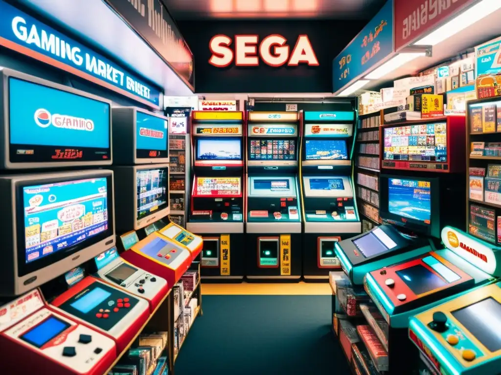 Explora un bullicioso mercado de electrónica en Akihabara, Tokio, con una variedad de consolas retro asiáticas nostálgicas gaming