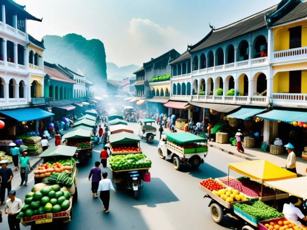 Un bullicioso mercado en Vietnam, con vendedores y productos frescos