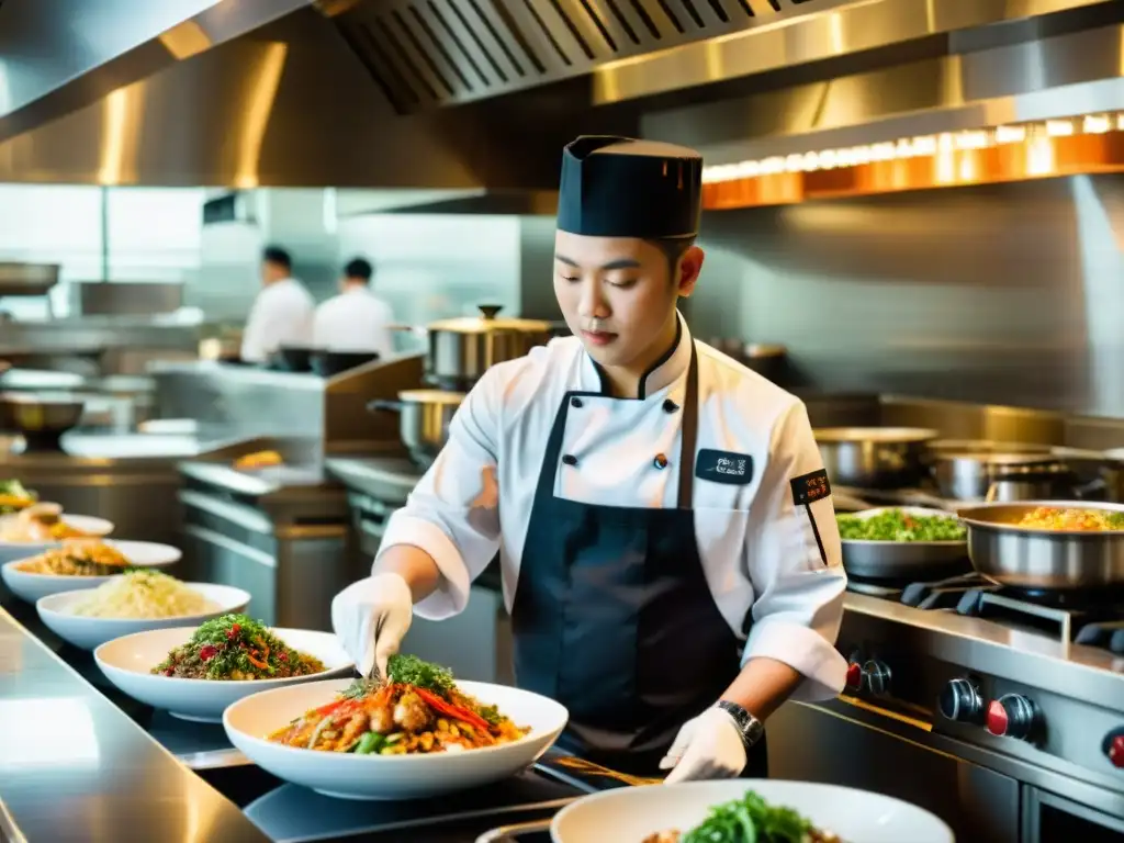 Un bullicioso y moderno restaurante chino con chefs preparando platos coloridos y elaborados en una cocina llena de energía