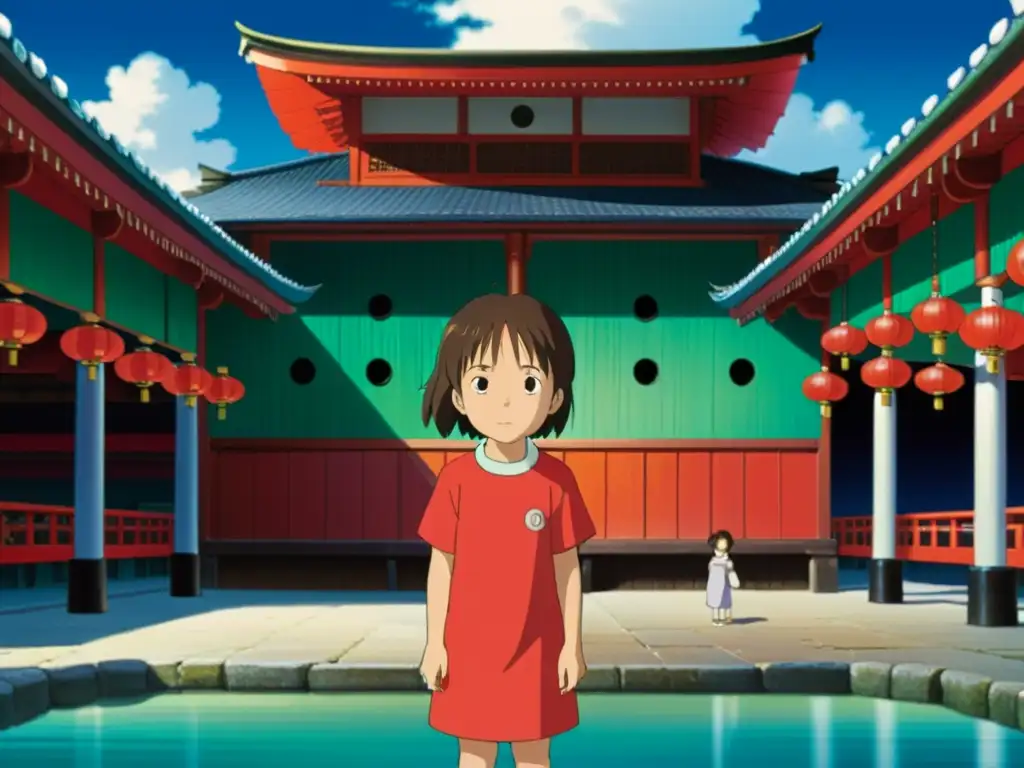 Chihiro se para frente al bullicioso mundo espiritual en 'El Viaje de Chihiro', reflejando asombro y determinación