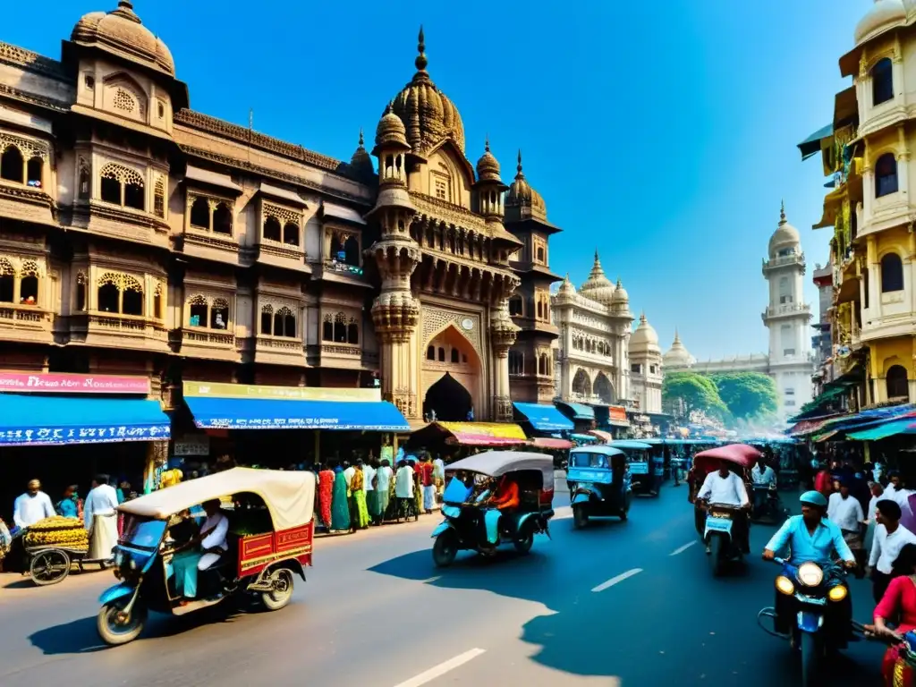 Un bullicioso paisaje urbano en Mumbai, India, con colores vibrantes, rickshaws y vendedores callejeros