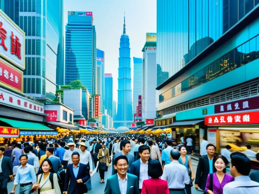 Un bullicioso paisaje urbano en Asia durante la hora pico, con personas vestidas de manera profesional caminando entre imponentes rascacielos