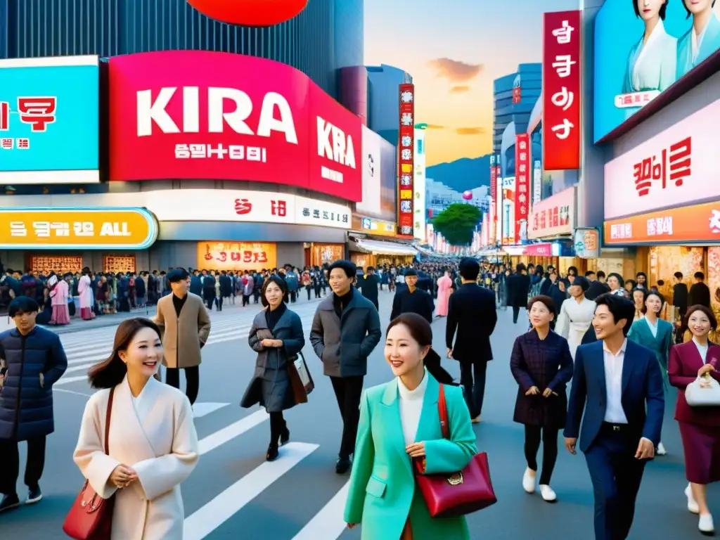 Un bullicioso paisaje urbano en Seúl, Corea del Sur, con vistosos letreros y anuncios de Kdramas